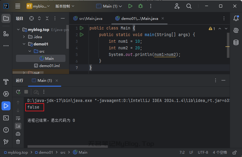 Java关系运算符示例代码运行结果,输出内容为false