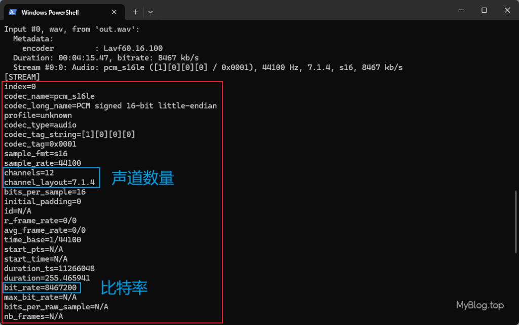 屏幕截图:使用ffprobe查看输出音频文件参数。